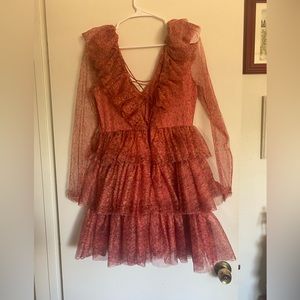 SHEIN Sheer Long Sleeve Dress Coral Plunge Neck Tiered Ruffle Mini L